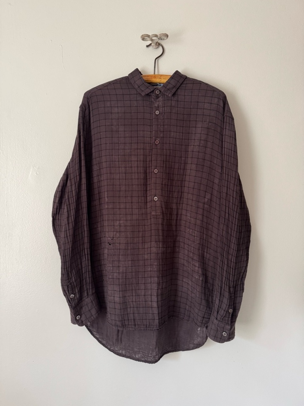 Distressed BLK DNM Burgundy and Black Check Woven Pullover Button-Up Shirt Men's